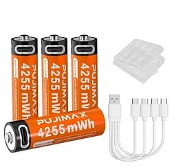 Акумулятори пальчикові AA з входом USB Type-C 4255mWh 1.5V акумуляторні батареї з роз'ємом для заряджання Pujimax 4шт з кабелем