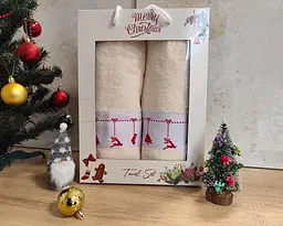 Набір новорічних рушників Gulcan 50x90+70х140 Merry Christmas Decorations Beige - мініатюра 3