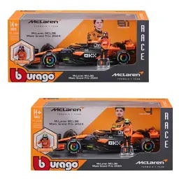 Автомодель Mclaren MCL38 1:24 з фігуркою гонщика чорна з помаранчевим, в асортименті