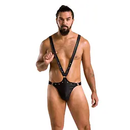 Чоловіче боді з люверсами Passion 028 HARRY S/M Black, екошкіра, на шлейках - мініатюра 3