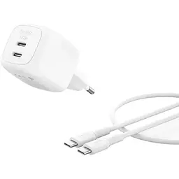 Зарядний пристрій мережевий Belkin 50Вт 2хUSB-С GAN PD PPS, кабель USB-С > USB-C, 1м, білий