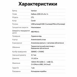 Кабель 4-в-1 Vention CTLLF USB-C/USB-A - USB-C/Micro-USB PD 100 Вт 1 м синій (CTLLF) - мініатюра 14