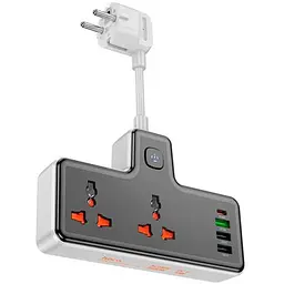 Мережевий фільтр HOCO AC12A на 2 розетки + 3 USB + USB-C, 30W, кабель 1 м, 220В, Black, Box - мініатюра 2
