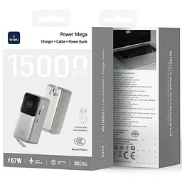 Портативний ЗП Power Bank WIWU PM501 Power Mega PD67W with cable 15000 mAh Silver - мініатюра 2