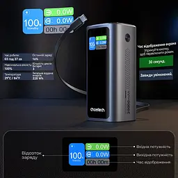 Повербанк 20000mAh Choetech B815 Grey 130W QC3.0 PD3.0 TFT Smart дисплей, вбудований кабель (43-00166) - мініатюра 7