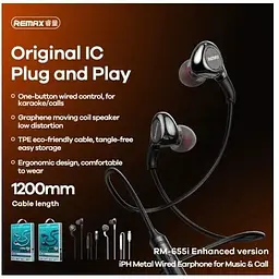 Навушники Remax RM-655i Lightning Metal Wired Earphone for Music & Call чорні - мініатюра 2