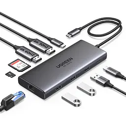 Док-станція USB-C UGREEN CM639 10 в 1 2 виходи HDMI HDMI 2 до 8K 30 Гц або 4K 120 Гц з одним дисплеєм до 4K 60 Гц із двома для HDMI потрібен USB-C з відеовиходом вхід USB-C PD 3.0 до 100 Вт наскрізне заряджання ноутбуків із підтримкою живлення USB-C 1 USB-A 3.0 та 1 USB-C 3.0 до 5 Гбіт/с і 2 USB-A 2.0 до 480 Мбіт/с Ethernet RJ45 до 1 Гбіт/с SD/microSD з одночасним читанням і записом MST незалежне розширення екранів у Windows космічний сірий (15534)