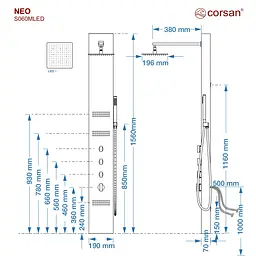 Душова панель Corsan Neo inox LED S060MSLLED, Нержавіюча сталь - мініатюра 6