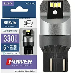 LED автолампа Brevia Power 12/24V T20/5 W21/5W 6x3020SMD 330Lm 6000K CANbus W3x16q 2 шт (10111X2)