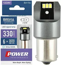 LED автолампа Brevia Power 12/24V T25 P21W 6x3020SMD 330Lm 6000K CANbus BA15s 2 шт (10101X2)