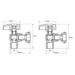 Комплект кранів для підключення газового котла Koer KR.1322 кутовий (1/2"x2шт, 3/4x2шт) KR3126 - мініатюра 2