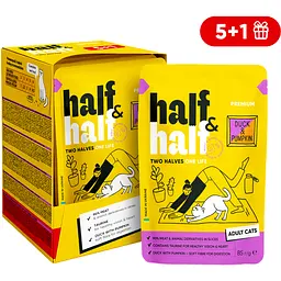 Набір вологих кормів 5+1 Half & Half з качкою та гарбузом в соусі для дороcлих котів 6 шт. х 85 г