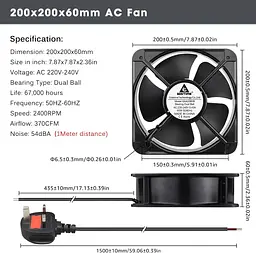 Осієвий охолоджувальний вентилятор GDSTIME 200 x 60 мм ОAC 220 V 240 V Dual Ball Industrial 370 CFM - мініатюра 4