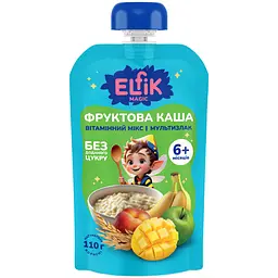 Фруктова каша Elfik Magic Вітамінний мікс з яблук, мультизлакової каші, персиків, бананів та манго 110 г