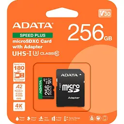 Карта пам'яті microSDXC (UHS-1 U3) A-DATA SPEED PLUS 256Gb Class 10 V30 A2 (R-180Mb/s W160Mb/s) (adapter SD) - мініатюра 3