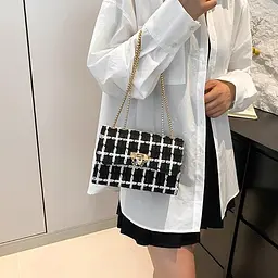 Твідова сумка на ланцюжку з клапаном Lilly P2-1401-1AW чорно-біла - мініатюра 2