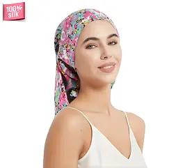 Шовкова шапочка для сну MaryuPHair з 100% натурального шовку для захисту волосся (квітковий)