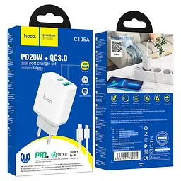 Сітчастий зарядний пристрій з кабелем HOCO C105A Stage dual port PD20W+QC3.0 charger set (C to iP)(EU) білий - мініатюра 2