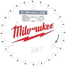 Диск пиляльний по дереву PFTE THIN KERF MILWAUKEE, діаметр 165х5/8"х1,6мм, 24 зуб.