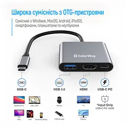 Концентратор ColorWay USB-C 3-in-1 USB 3.0 + HDMI 4K + USB-C PD100W (CW-HUB08) - мініатюра 10