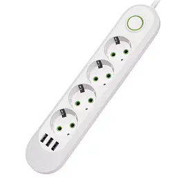 Мережевий фільтр-подовжувач Voltronic F04UW, 4 розетки + 3 USB, 1,5 м, 3×0,75 мм, 2500 Вт, білий - мініатюра 1