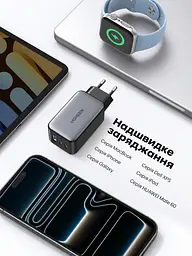 Мережевий зарядний пристрій GaN UGREEN Nexode CD244 загальна потужність до 65 Вт 2 порти USB-C та 1 USB-A для 65 Вт сірий (10335) - мініатюра 10