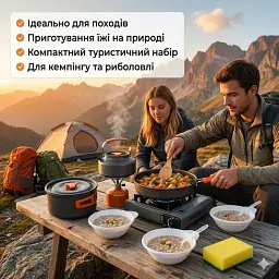 Набір туристичного посуду 7 в 1 з анодованого алюмінію, похідний комплект для кемпінгу на 2-3 особи з каструлями, сковорідок - мініатюра 6