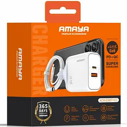 МЗП E580T PD45W+QC3.0 GaN (1USB-A/1C) + кабель Type-C to Type-C White Amaya teh0029580 - мініатюра 2