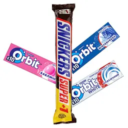 Батончик Snickers Super +1 з арахісом 112 г + гумка жувальна Orbit Winterfresh драже 14 г + гумка жувальна Orbit White драже 14 г + гумка жувальна Orbit Bubblemint 14 г 