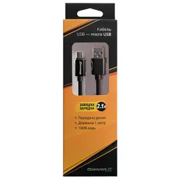 Дата кабель USB 2.0 AM to Micro 5P 1.0m Black/Black Grand-X (FM01BB) - мініатюра 3