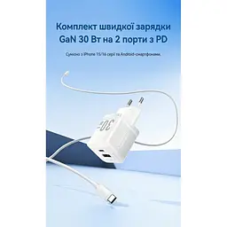Зарядний пристрій Vention 1xUSB-C PD 30 Вт + 1xUSB QC 3.0 30 Вт GaN + кабель USB-C — USB-C 1.0 м білий (TZ-FEQW0-EU-01) - мініатюра 3