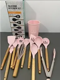 Силіконовий кухонний набір приладдя Kitchen & Dining 12 предметів (дерево+силікон) рожевий - мініатюра 4