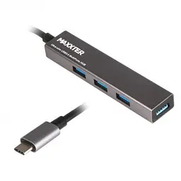 Хаб USB Maxxter HU3C-4P-02, Grey, Type-C 3.0 - 4xUSB 3.0, кабель 20 см, алюмінієвий корпус