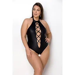 Боди из эко-кожи с имитацией шнуровки и открытым доступом Passion Nancy Body, 4XL/5XL