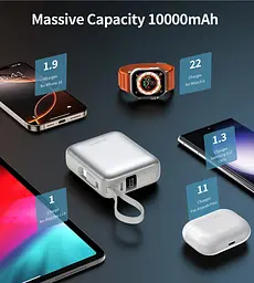 УМБ Choetech 10000mAh 35W PD3.0 USB-C In/Out, LED Display, with buid-in type-C cabel сіра - мініатюра 6