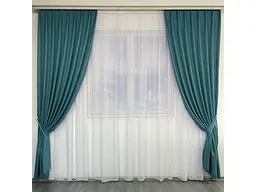 Мікровелюрові штори бірюзового кольору 2шт. 150х270 з білим шифоновим тюлем 400х270, на тасьмі ALBO pbe0052653 - мініатюра 9