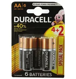 Батарейка AA (LR6), лужна, Duracell Duralock Basic, 6 шт, 1.5V, (Duracell MN1500 BL6)
