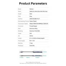 Хаб USB 3.0 - 1xUSB 3.0/3xUSB 2.0, 0.15м, 5 Гбіт/с, Grey Vention - мініатюра 6