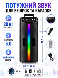 Портативна Bluetooth-колонка чорна 20 Вт з мікрофоном і RGB-підсвічуванням (49676025) - мініатюра 5