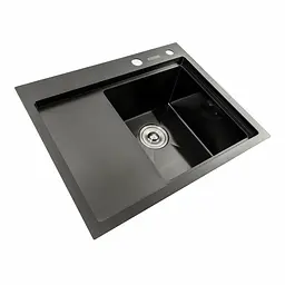 Кухонна мийка чорна PVD 58x48 R Platinum Handmade (два отвори, круглий сифон 3,0/0,8), Чорний - мініатюра 4