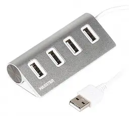 Хаб USB Maxxter HU2A-4P-01, сріблястий, USB 2.0 - 4xUSB 2.0, кабель 30 см, алюмінієвий корпус
