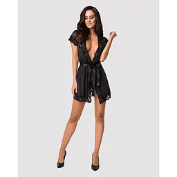 Сатиновий відкритий пеньюар на поясі Obsessive 810-PEI-1 peignoir Black S/M, чорний - мініатюра 3