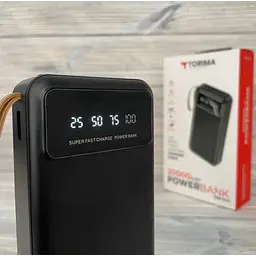 Павербанк з LED-дисплеєм та 4 вбудованими кабелями Micro-USB/Type-C/Lightning/USB TORIMA TRM-1021 20000 мАг Power bank для гаджетів Зовнішній акумулятор з ліхтарем та індикатором заряду Чорний - мініатюра 8