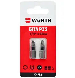 Бита Wurth PZ2 1/4IN L25 мм 2 шт. в блистере (1614176652902)