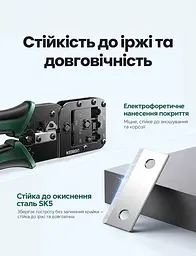 Обтискні кліщі для мережевого кабелю UGREEN NW200 кримпер для RJ45 8P та RJ11 6P зі зняттям ізоляції та різанням для конекторів Cat5 / Cat5e / Cat6 / Cat6a / Cat7 / Cat8 не для наскрізних конекторів або 4P з обтисканням хвостового затискача два отвори 8P без перемикання викруткою з м’якими нековзними руків’ями з фіксувальним кільцем для зберігання чорні (15115) - мініатюра 10