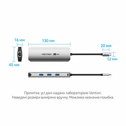 Док-станція USB-C хаб Vention 8-в-1 HDMI до 4K 60 Гц 3 USB 3.0 для даних до 5 Гбіт/с Gigabit Ethernet RJ45 до 1000 Мбіт/с SD/TF читання або запис лише однієї карти за раз вхід PD для зовнішнього живлення й наскрізного заряджання хоста до 100 Вт потрібні блок живлення USB-C PD на вході PD та підтримка PD хостом HDMI потребує USB-C хоста з DP Alt Mode сумісність із Thunderbolt 3/4 вбудований кабель USB-C 0,15 м сірий (TQKHB) - мініатюра 4
