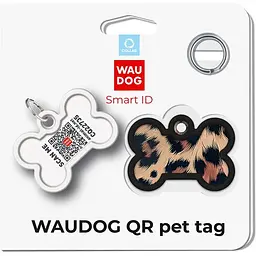 Адресник для собак і котів металевий WAUDOG Smart ID з QR паспортом малюнок Леопард Д 40 мм Ш 28 мм - мініатюра 2
