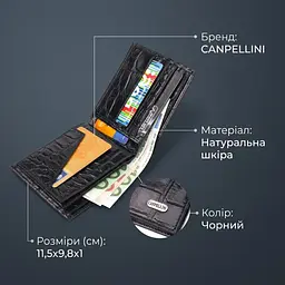 Якісний гаманець для чоловіків у два складення з натуральної фактурної шкіри з тисненням під крокодила Canpellini 21584 чорний - мініатюра 3