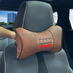 Подушка на підголівник з логотипом Audi Екошкіра 3D Кольоровий лого Коричневий-Коричневий кант 1 шт