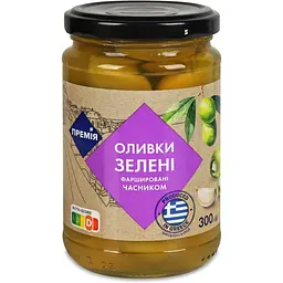 Оливки Премія зелені фаршировані часником 300 г